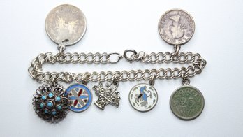 STERLING SILVER CHARM BRACELET TURQOUISE COIN STATE .925 JEWELRY