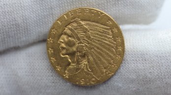 1910 GOLD UNITED STATES $2.5 DOLLAR INDIAN HEAD QUARTER EAGLE COIN AU