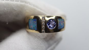 Opal Ring Tanzanite Diamond 14K Gold Natural T.50ct D.08ctw Inlay Jewelry Australian