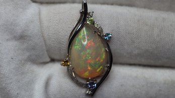 Ethiopian Opal Pendant With Topaz, Peridot, Tanzanite, Diamond Accents - 18K White Gold