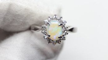 925 STERLING SILVER NATURAL OPAL & CZ RING HALO