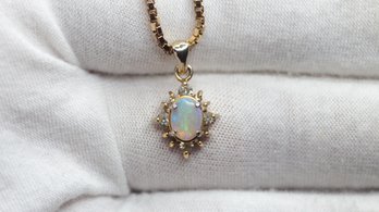 NATURAL OPAL PENDANT BOX CHAIN NECKLACE GOLD PLATED