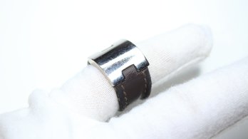 Authentic HERMES Ring Black Silver Leather Metal