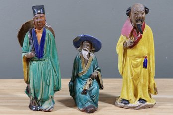 3 Antique Chinese Mudman Majolica Green, Yellow Figurines