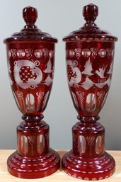 Pair Czech Egermann Ruby Cut To Clear Covered Candy Jar