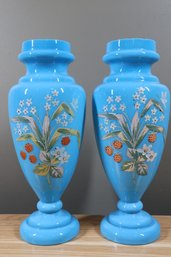 2 Antique Hand Painted Blue Opaline Vases