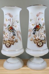 Pair Victorian Bristol Glass Vases With Hand Painted Bird Scene