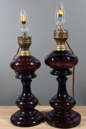 Antique Purple Blown Glass Electrified Oil Lamps