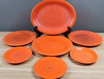 (7) Vintage Fiestaware Red Saucers, Plates & Serving Dish