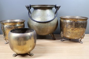 Lot Of (4) Vintage Antique Brass Footed Cauldrons Planters