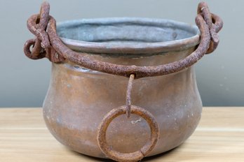 Antique Copper Cauldron Pot With Iron Handle Hanger