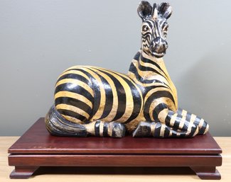 Vintage Wood Carved And Painted Zebras Statue On Wood Platform