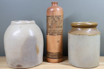 Antique Stoneware Crock, Gin Bottle, And Honey Pot