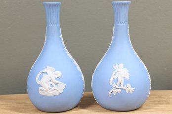 Pair (2) Of Wedgwood Blue Jasperware Cherub Designs