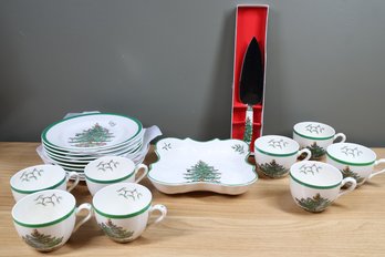 Set Of Spode Christmas Plates, Serving Dish, Knife, And Mugs