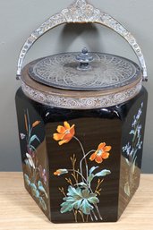 Antique Asian Painted Black Glass Floral Biscuit Jar