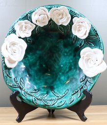 Large Ceramic Bowl Pottery Green With White Roses