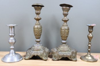 Lot (4) Of Brass And Pewter Candlesticks