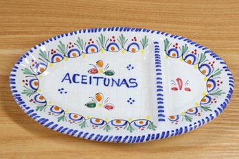 De La Cal Barreira Puente Aceitunas/Olive Divided Dish Hand Painted Spain