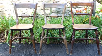 Lot Of (3) Vintage Wooden Kitchen Farm Chairs Spindle Handmade Rustic Marked 'J.N'