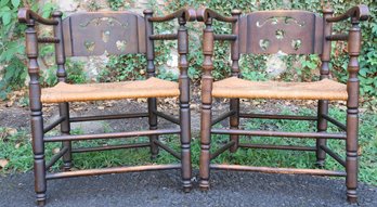 Set Of (2) Vintage Rush Woven Seating Wooden Arts & Crafts Armchairs Cutout Back Spindle Turned