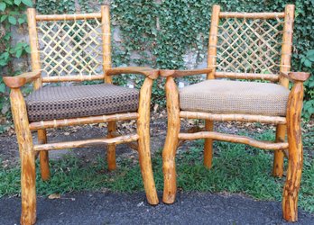 Set Of (2) Vintage Hickory Armchairs Woven Rawhide Backing & Seating Cushioned