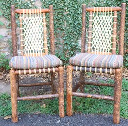 Set Of (2) Woven Rawhide Seating And Backing Handmade Wooden Side Chairs Cushioned