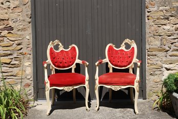 Pair Of Matching Vintage Louis XV Style Asymmetrical Red Velvet Armchairs