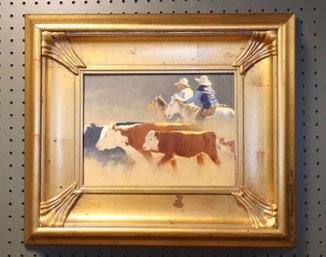 Vintage Harold Stack Oil Painting 'Picking Up Strays' Gold Gilt Frame Jackson Wyoming WY Cowboys Horses Cows