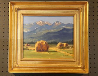 Vintage 1998 Wes A. Newton Oil Painting Of Hay Bales And Rocky Mountains Gold Gilt Frame Jackson Wyoming WY