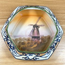 Nippon Hand Painted Bowl Windmill Scene Cobalt Detail