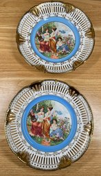 Set Of 2 Vintage Gilded Rim China Wall Plates With Hangers, Maidens In The Garden 9'