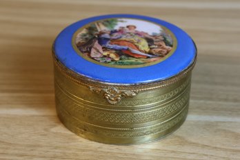 French Limoges Artist Signed Hand Painted Couple Courting Sheep Brass Box