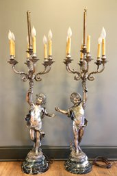 Bronze And Marble Electrified Candelabra Cherubs