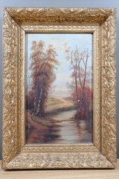 Antique Oil Painting On Board In Gold Ornate Wood Frame River Nature Scene