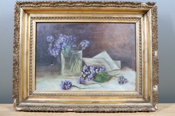 Antique Still Life Flowers Oil Painting On Board In Gold Gilt Frame