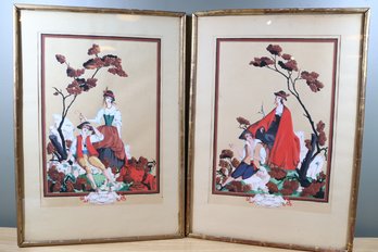 Pair Antique Gold Framed Matted Gino Carlo Sensani Mixed Media Framed Art Dated 1925