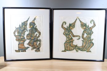 Vintage Pair Of Large Thai Temple Rubbing Green Dancers Framed On Rice Paper