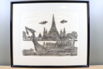 Thai Royal Barge Temple Rubbing Dragon Boat Black Charcoal Rice Paper Framed