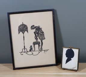 Antique Friedrich Kaskeline Signed Cutout Silhoutte And A. Heinrich Child Profile Silhouette