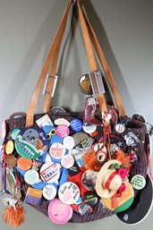 Vintage Woven Straw Bag Covered With Vintage Pins Buttons