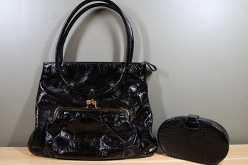 Lot 2 Goldenbleu Black Patent Leather Handbag Purse And  Goldenbleu Reptile Pattern Clutch