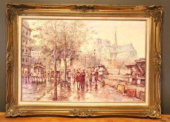 Johnny Gaston, France Oil Painting On Canvas Busy Parisian Street Scene Artist Signed And Framed