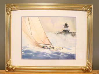 Large Signed Framed Ralph Acosta Watercolor Painting Sailboat And Lighthouse