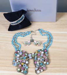 Vintage Betsey Johnson Bowtie Rhinestone Necklace And Earrings