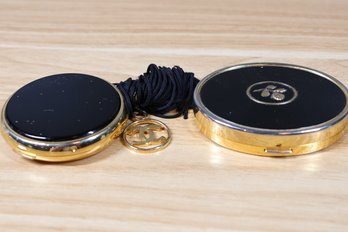 2 Vintage Gold And Black Enamel Lancome Powder Compacts