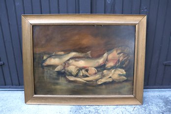 Antique Oil On Board Still Life Fish Painting Signed Framed