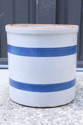 Stoneware Flower Pot Blue Striped Pottery Vessel Vintage Crock