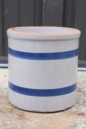 Stoneware Flower Pot Blue Striped Pottery Vessel Vintage Crock