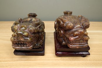 Pair Of Old Chinese Hetian Jade Carved Foo Dogs On Wood Bases